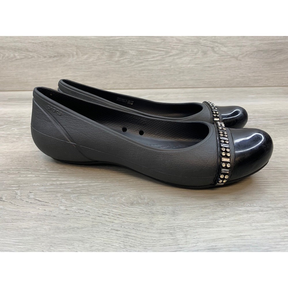 Crocs Women's Sandals Cap Toe Black Ballet Flats Rhinestone‎ Accent Shoes